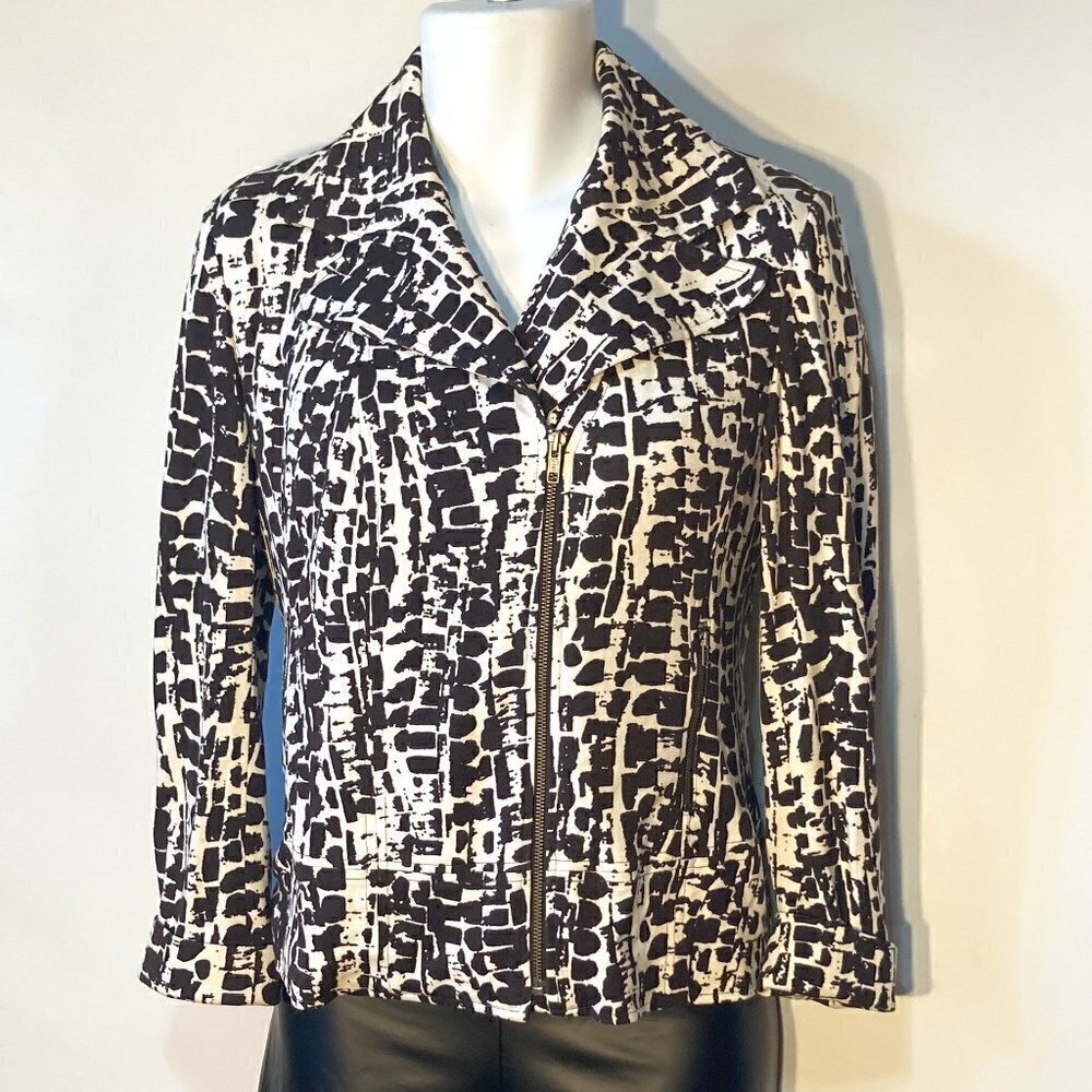 Chico's SZ S  Chocolate brown print Moto Jacket Wardrobe Staple Classic Chic